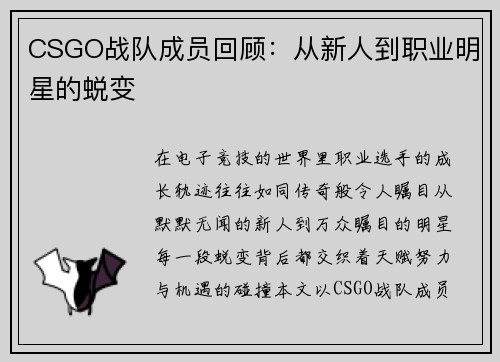 CSGO战队成员回顾：从新人到职业明星的蜕变