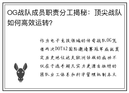 OG战队成员职责分工揭秘：顶尖战队如何高效运转？